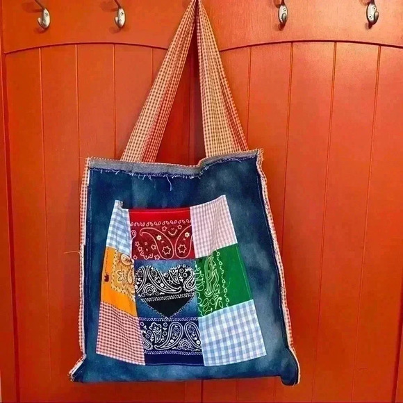 Handmade Boho Bandana Patchwork Denim tote bag - Picture 6 of 14